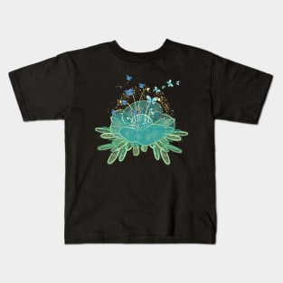 Beautiful Teal Blue Flower and Butterflies Aesthetic Kids T-Shirt